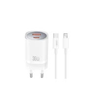 Kép 1/2 - XO  CC21  fali töltő adapter 1xUSB-C 1xUSB 30W fehér + kábel