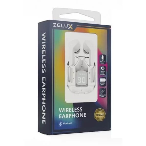 ZELUX B-01  vezeték nélküli fülhallgató, Bluetooth 5.3, zajszűrés, kijelző, fehér