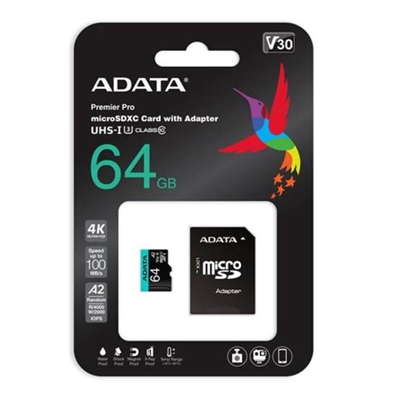 ADATA A2 V30 64GB microSDXC U3 memóriakártya + adapter