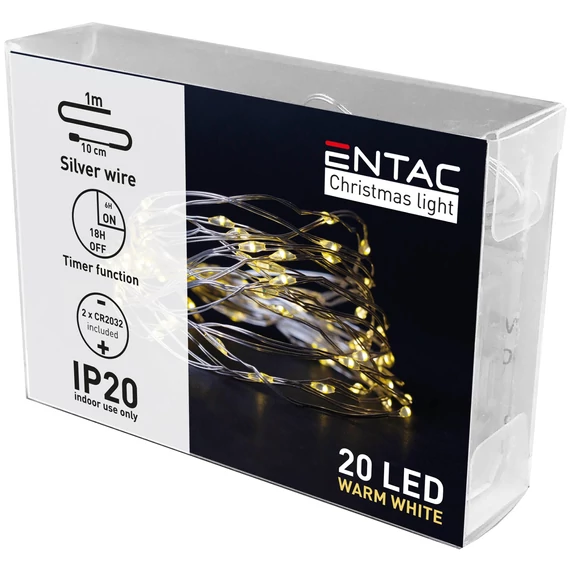 ENTAC ECL-S20WW-T karácsonyi beltéri mini drótfüzér 20 LED Időzítővel WW 1,1m (2x2032 )
