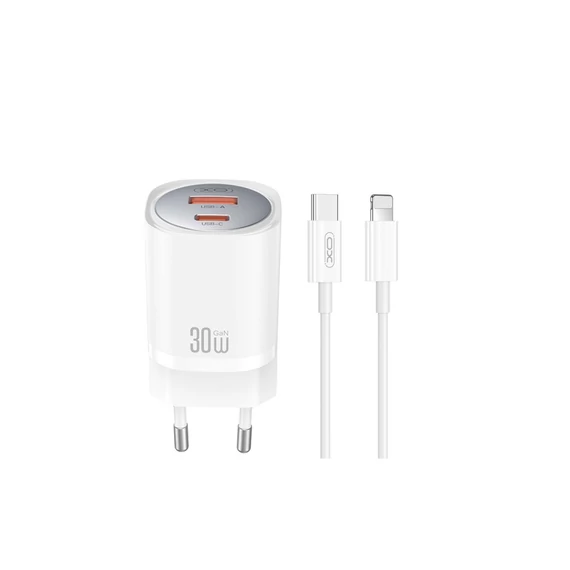 XO  CC21  fali töltő adapter 1xUSB-C 1xUSB 30W fehér + kábel