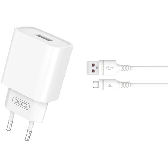 XO CE02D hálózati töltő   * QC 3.0 18W 1x USB, fehér + microUSB kábel