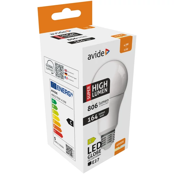 AVIDE izzó E27 4,9W 4000K gömb SUPER LED