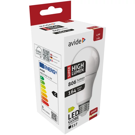 AVIDE izzó E27 4,9W 3000K gömb SUPER LED