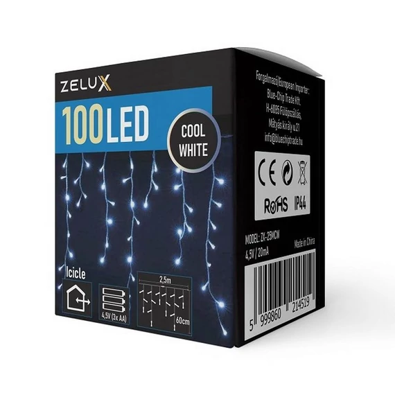 ZELUX karácsonyi füzér elemes 2,5m 100LED hideg