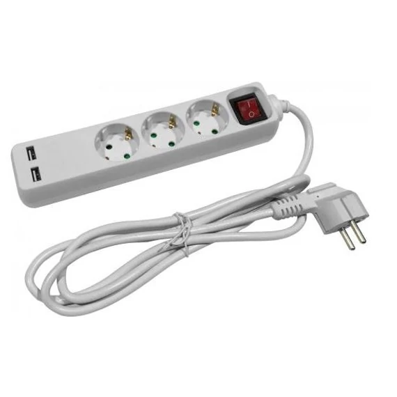 ENTAC ESE1.5G3-1.5-SW-USB  elosztó 3 foglalattal 1,5m + 2x USB