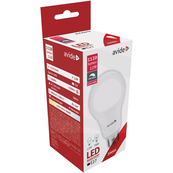 AVIDE Izzó E27 12W 3000K gömb LED Dimm